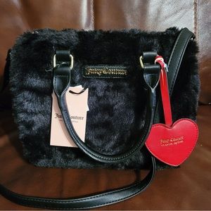 HOT! JUICY COUTURE BLACK FAUX FUR SATCHEL BAG RED HEART HANGTAG INC! PURSE